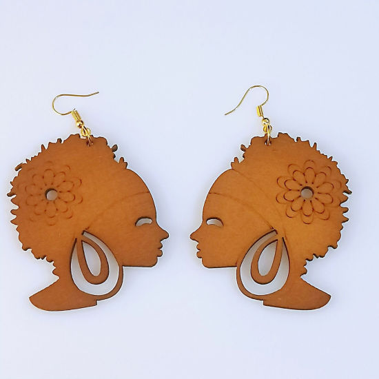 Image de Boucles d'Oreilles Style Bohème en Bois Naturel Brun Afrique Femme Creux 6cm x 5.5cm, 1 Paire