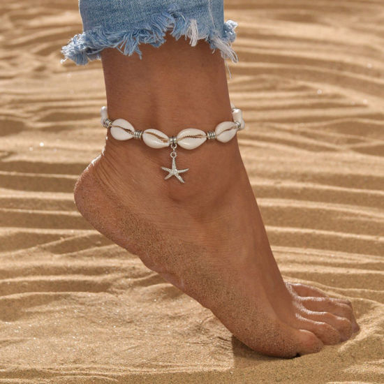 Picture of Shell Ocean Jewelry Braided Anklet Star Fish Beaded 18cm - 35cm long, 1 Piece