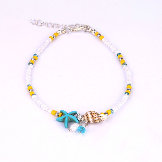 Picture of Acrylic Ocean Jewelry Beaded Anklet Yellow Star Fish Imitation Pearl 25cm(9 7/8") long, 1 Piece