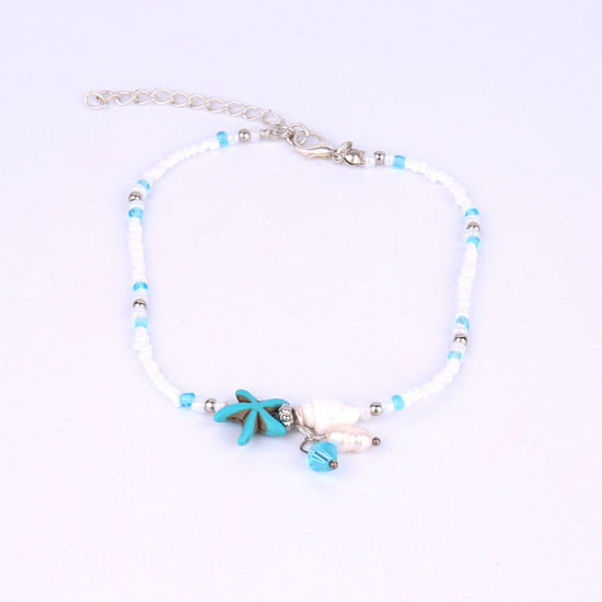 Picture of Acrylic Ocean Jewelry Beaded Anklet Blue Star Fish Imitation Pearl 25cm(9 7/8") long, 1 Piece