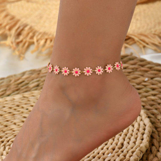Bild von Stilvoll Perlen Fußkettchen Rosa Gänseblümchen Emaille 21cm lang, 1 Strang