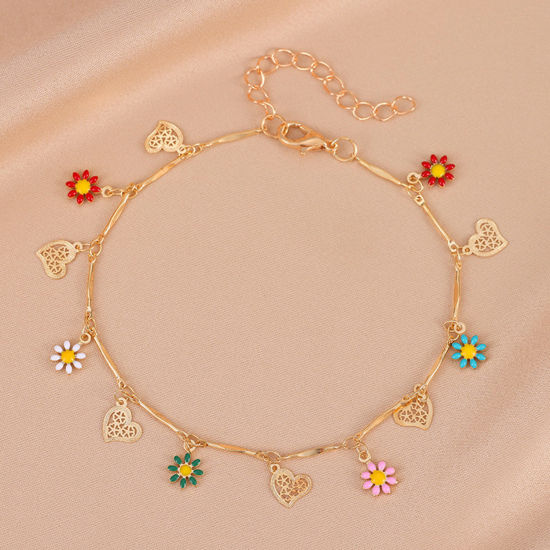 Picture of Copper Stylish Anklet Gold Plated Multicolor Heart Daisy Flower Enamel 21cm(8 2/8") long, 1 Piece