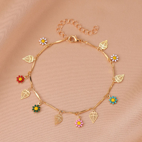Picture of Copper Stylish Anklet Gold Plated Multicolor Flower Leaves Tassel Enamel 21cm(8 2/8") long, 1 Piece