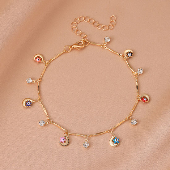 Picture of Copper Stylish Anklet Gold Plated Multicolor Tassel Eye Clear Rhinestone Enamel 21cm(8 2/8") long, 1 Piece