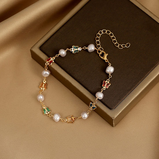 Picture of Copper Stylish Anklet Gold Plated Butterfly Animal Multicolor Rhinestone Imitation Pearl 21cm(8 2/8") long, 1 Piece