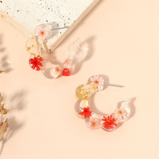 レジンクラフト ドライフラワー 押し花 フープピアス 赤 C字状 花 3.6cm x 3.5cm、 1 ペア の画像