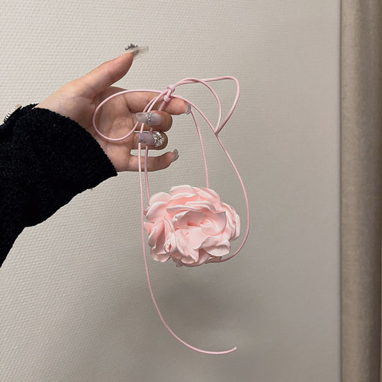 Picture of Velvet Retro Statement Necklace Flower Pink 100cm(39 3/8") long, 1 Piece