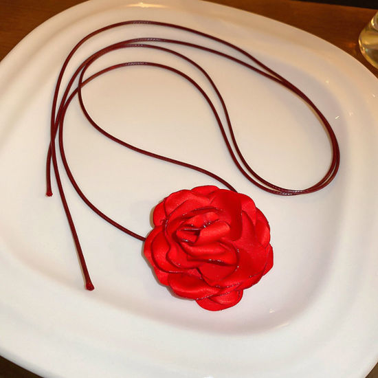 Picture of Velvet Elegant Statement Necklace Flower Red 110cm(43 2/8") long, 1 Piece