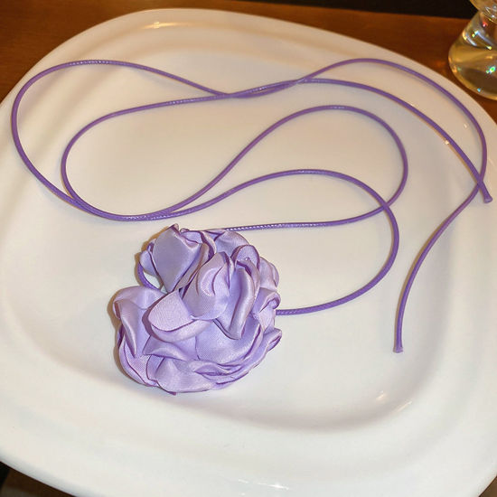 Picture of Velvet Elegant Statement Necklace Flower Purple 110cm(43 2/8") long, 1 Piece