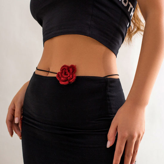 Bild von Modisch Veloursamt Stilvoll Körper Taille Bauchkette Halskette Kordel Blumen Rotweinfarben 80cm lang, 1 Strang