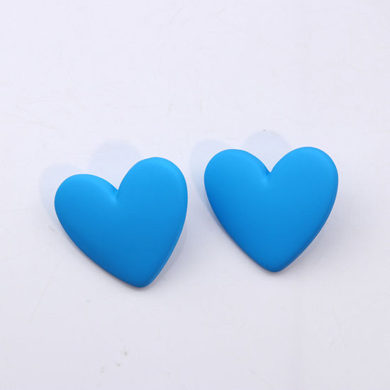 Image de Boucles d'Oreilles Puces Simple en Acrylique Bleu Cœur Laqué 3cm x 3cm, 1 Paire
