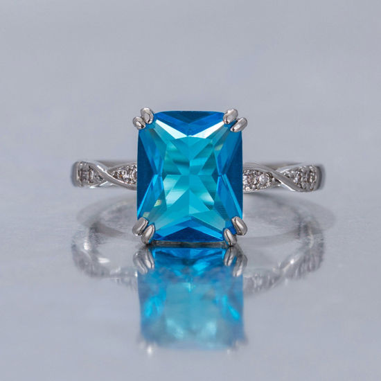 Bild von Messing Stilvoll Uneinstellbar Ring Platin Plattiert Rechteck Blau Zirkonia 16.5mm（US Größe:6), 1 Stück                                                                                                                                                       
