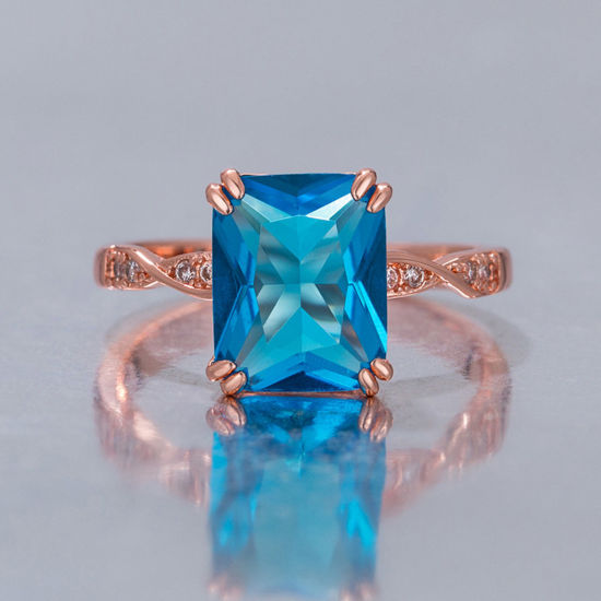 Picture of Brass Stylish Unadjustable Rings Rose Gold Rectangle Blue Cubic Zirconia 18.9mm(US Size 9), 1 Piece                                                                                                                                                           