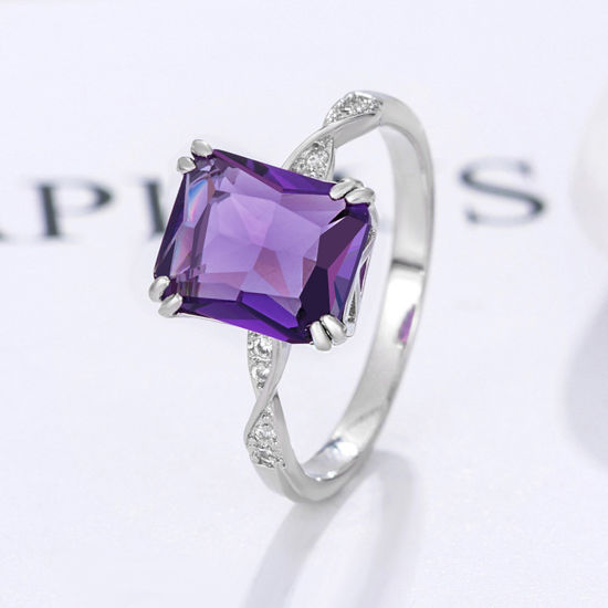 Picture of Brass Stylish Unadjustable Rings Platinum Plated Rectangle Purple Cubic Zirconia 16.5mm(US Size 6), 1 Piece                                                                                                                                                   