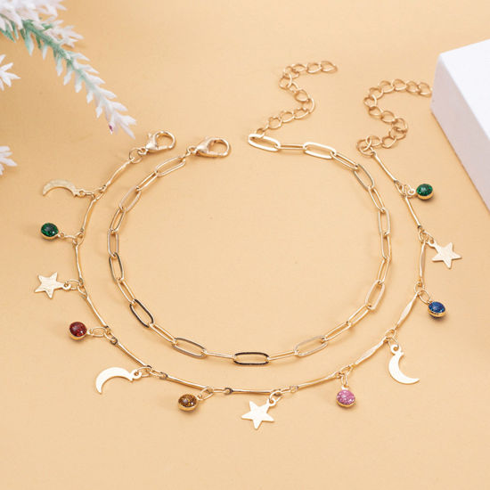 Picture of Stylish Multilayer Layered Anklet Gold Plated Tassel Moon Multicolour Cubic Zirconia 23cm - 28cm long, 1 Set ( 2 PCs/Set)