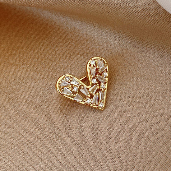 Imagen de Elegante Pin Broches Corazón Chapado en Oro Transparente Rhinestone 2cm x 1.7cm, 1 Unidad