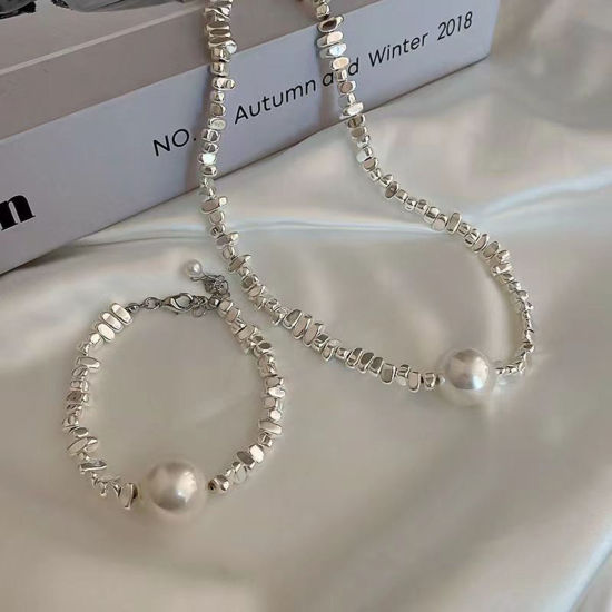 Picture of Stylish Jewelry Necklace Bracelets Set Silver Plated Chip Beads Imitation Pearl 40cm, 1 Set