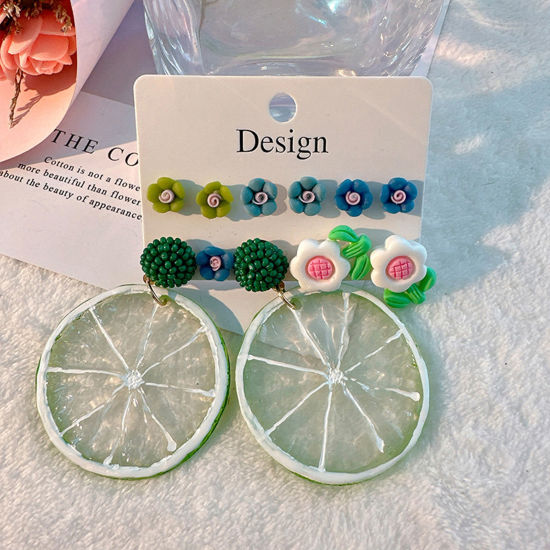Picture of Acrylic Stylish Earrings Green Lemon Flower 0.9cm-6.5cm, 1 Set ( 5 Pairs/Set)