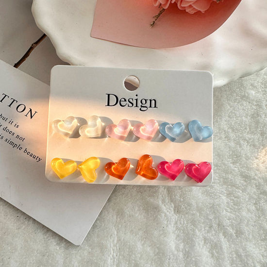 Picture of Acrylic Stylish Earrings Multicolor Heart 1cm-1.3cm, 1 Set ( 6 Pairs/Set)