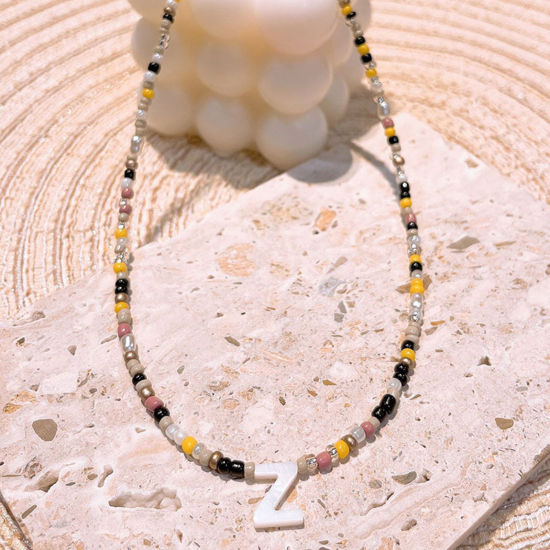 Picture of Acrylic Boho Chic Bohemia Beaded Necklace Black Initial Alphabet/ Capital Letter Message " Z " Imitation Shell 40cm(15 6/8") long, 1 Piece