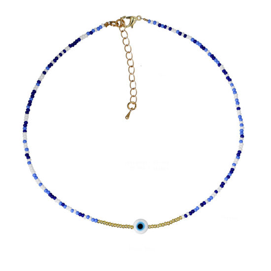 Picture of Glass Y2K Beaded Necklace Royal Blue Evil Eye 34cm(13 3/8") long, 1 Piece