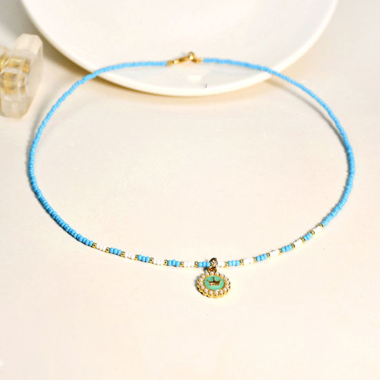 Picture of Glass Y2K Pendant Necklace Skyblue Round Crown Imitation Pearl 40cm(15 6/8") long, 1 Piece