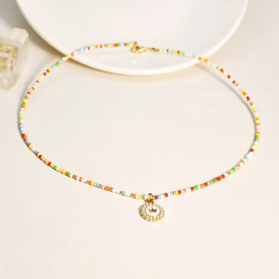 Изображение Стеклянные Y2K Ожерелье с подвеской Разноцветный Круглые Корона Имитация жемчуга 40см Длина, 1 ШТ
