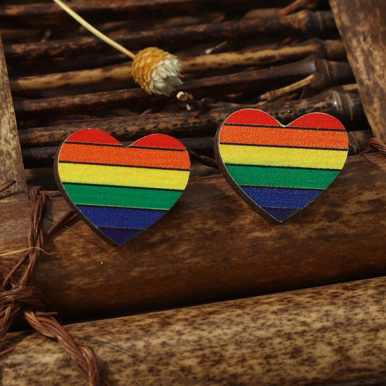 Picture of Wood Simple Ear Post Stud Earrings Multicolor Heart Stripe 1.5cm x 1.3cm, 1 Pair