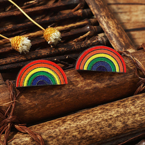 Picture of Wood Simple Ear Post Stud Earrings Multicolor Half Round Rainbow 17mm x 8mm, 1 Pair