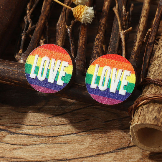 Picture of Wood Simple Ear Post Stud Earrings Multicolor Round Stripe Message " LOVE " 1.5cm x 1.3cm, 1 Pair