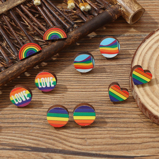 Picture of Wood Cute Ear Post Stud Earrings Set Multicolor Heart Rainbow 1.5cm-1.7cm, 1 Set ( 5 Pairs/Set)