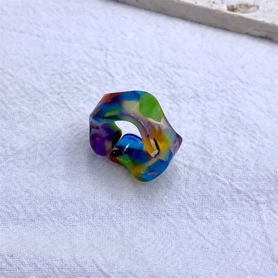 Picture of Resin Ins Style Unadjustable Rings Blue Tie-Dye Wave Marbling 18mm(US Size 7.75), 1 Piece