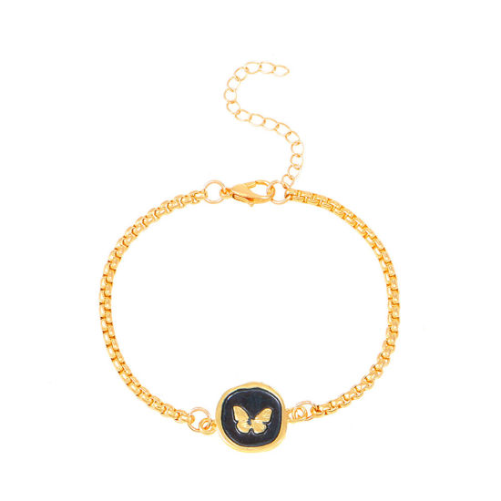 Picture of Retro Bracelets Gold Plated Black Round Butterfly Enamel 18cm(7 1/8") long, 1 Piece