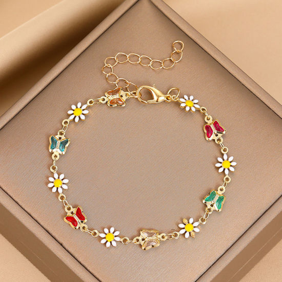 Picture of Copper Ins Style Bracelets Gold Plated Daisy Flower Butterfly 16cm(6 2/8") long, 1 Piece