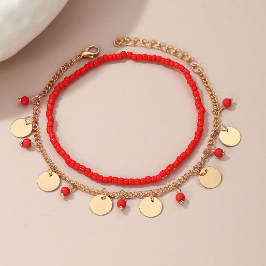 Picture of Acrylic Stylish Anklet Set Gold Plated Red Tassel Round Elastic 24cm(9 4/8") long, 1 Set ( 2 PCs/Set)