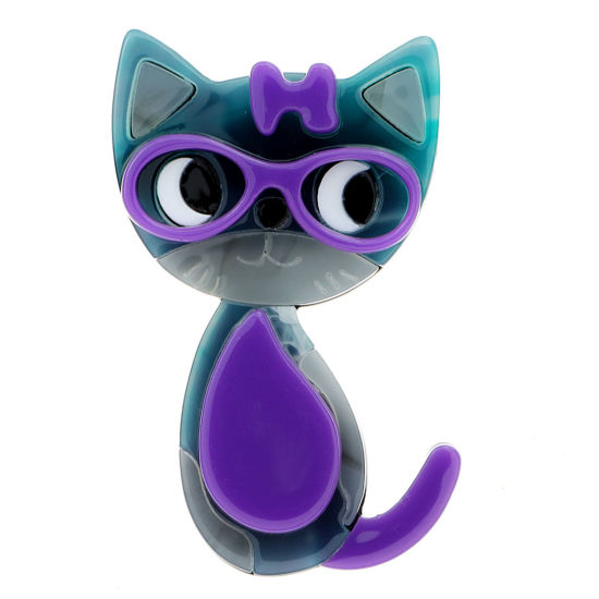 Picture of Acetic Acid Resin Acetate Acrylic Acetimar Marble Cute Pin Brooches Cat Animal Purple 6.5cm x 3.9cm, 1 Piece