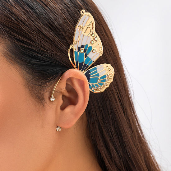 昆虫 イヤーカフ ピアス 片耳用 金メッキ 青 蝶 バタフライ 翼 透明 ラインストーン 8cm x 7cm、 1 個 の画像