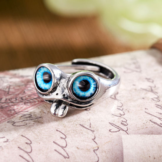 Picture of Retro Open Adjustable Rings Antique Silver Color Blue Frog Animal 17mm(US Size 6.5), 1 Piece