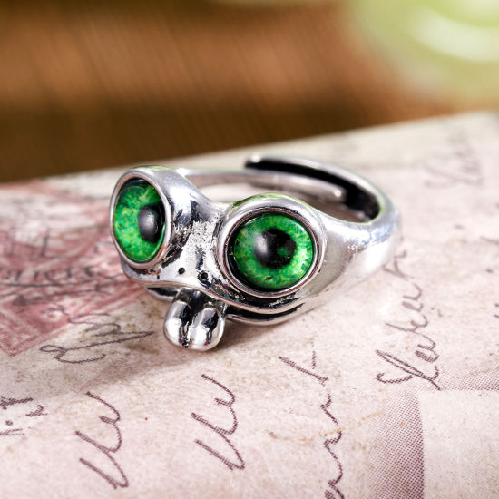 Picture of Retro Open Adjustable Rings Antique Silver Color Green Frog Animal 17mm(US Size 6.5), 1 Piece