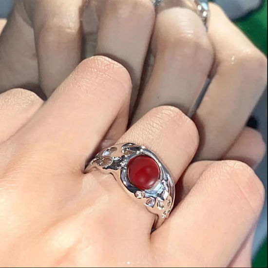 Picture of Y2K Open Adjustable Rings Silver Tone Red Imitation Gemstones 16mm(US size 5.25), 1 Piece
