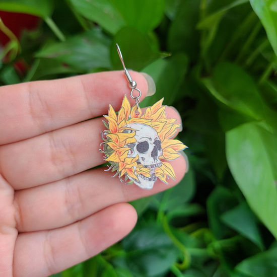 Picture of Resin Day Of The Dead Earrings Orange Sugar Skull Sunflower 2.6cm, 1 Pair
