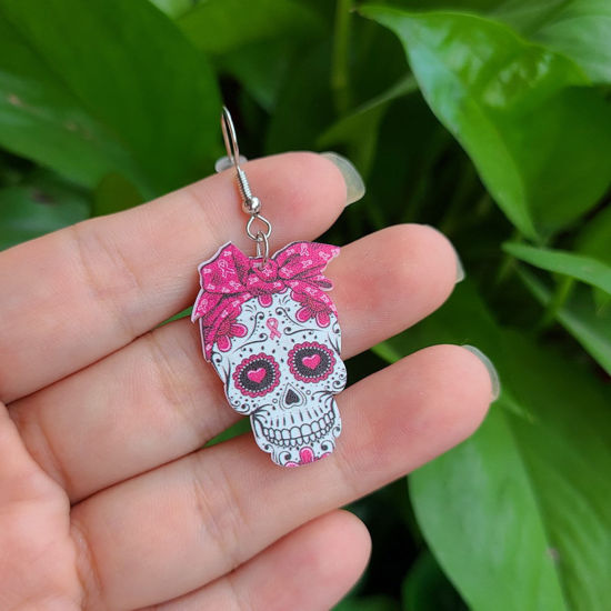 Picture of Resin Day Of The Dead Earrings Fuchsia Sugar Skull Bowknot 2.6cm, 1 Pair