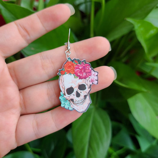 Picture of Resin Day Of The Dead Earrings Multicolor Sugar Skull Flower 2.6cm, 1 Pair