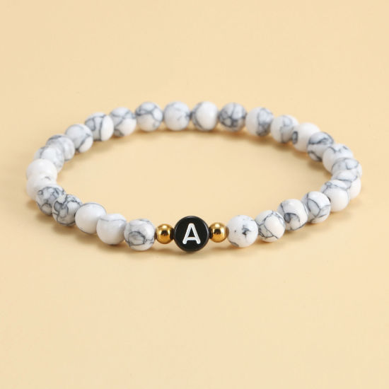 Picture of Howlite & Acrylic Simple Dainty Bracelets Delicate Bracelets Beaded Bracelet Black & White Elastic Message " A " 18cm(7 1/8") long, 1 Piece