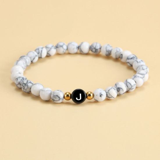 Picture of Howlite & Acrylic Simple Dainty Bracelets Delicate Bracelets Beaded Bracelet Black & White Elastic Message " J " 18cm(7 1/8") long, 1 Piece