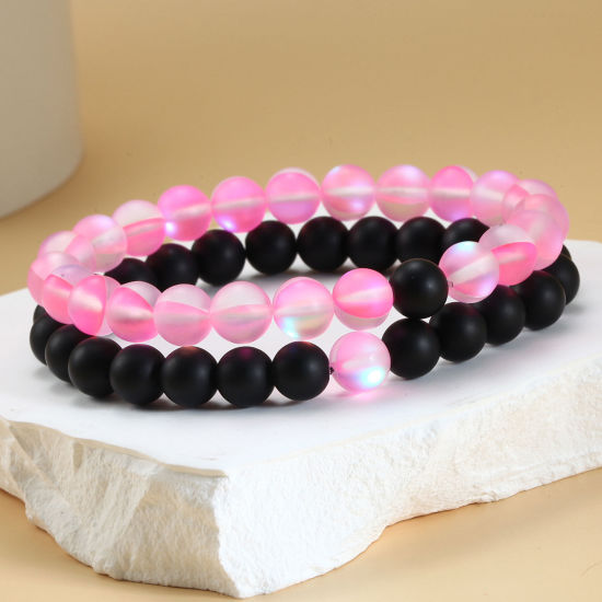Image de Bracelets Raffinés Bracelets Délicats Bracelet de Perles Élégant en Pierre Noir & Rose Elastique 21cm long, 1 Kit ( 2 Pcs/Kit)