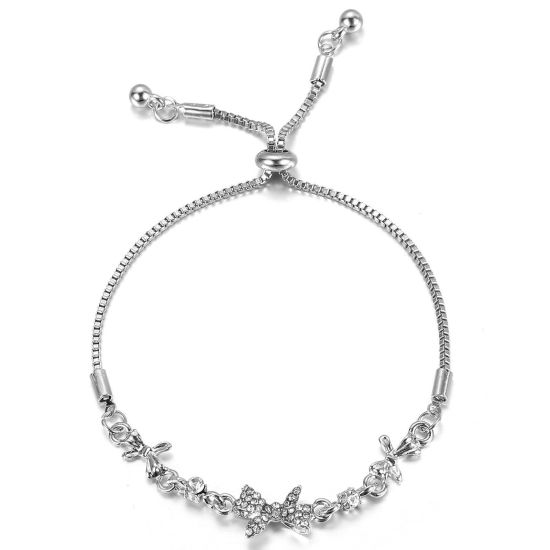 Picture of Ins Style Adjustable Slider/ Slide Bolo Bracelets Silver Tone Bowknot Clear Rhinestone 20cm(7 7/8") long, 1 Piece