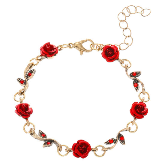Picture of Retro Bracelets Gold Tone Antique Gold Red Rose Flower Flower Leaves 15cm(5 7/8") long, 1 Piece