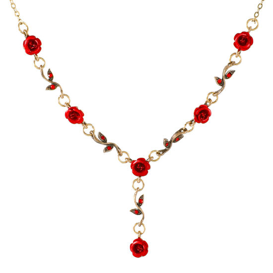 Picture of Retro Y Shaped Lariat Necklace Gold Tone Antique Gold Red Rose Flower 49cm(19 2/8") long, 1 Piece