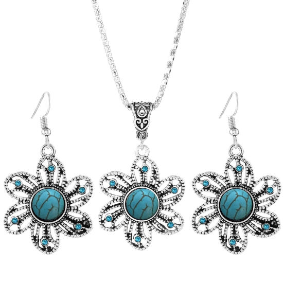 Picture of Boho Chic Bohemia Jewelry Necklace Earrings Set Antique Silver Color Blue Sunflower Hollow 46cm(18 1/8") long, 5.4cm, 1 Set